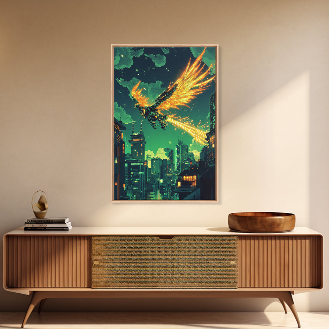 Glowing Phoenix Over Neon City Skyline Wall Art, Cyberpunk Fantasy Print, Sci Fi Decor, Futuristic Gaming Room Poster Gift