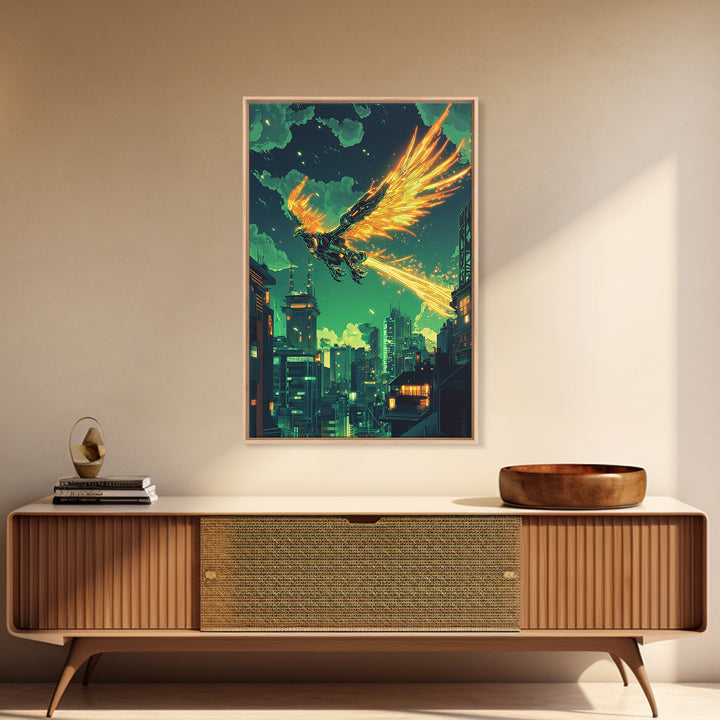 Glowing Phoenix Over Neon City Skyline Wall Art, Cyberpunk Fantasy Print, Sci Fi Decor, Futuristic Gaming Room Poster Gift