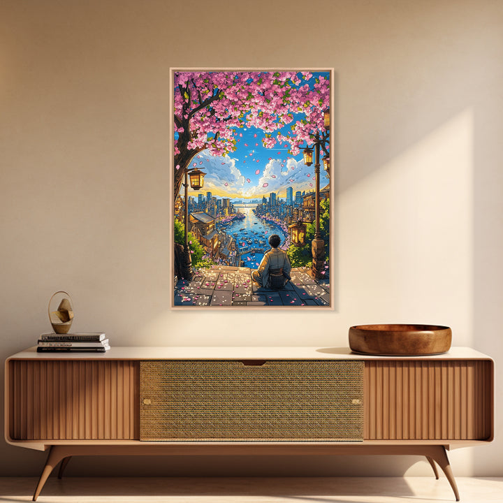 Cherry Blossom Harbor Meditation Wall Art, Japanese Anime Landscape Print, Sakura City Decor, Zen Living Room Decor, Home Decor Gift