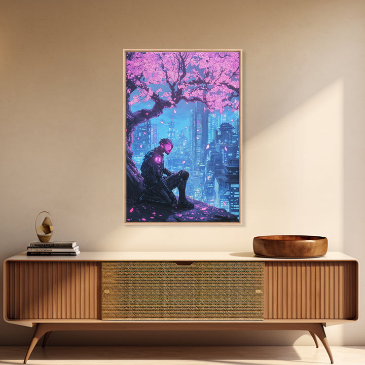 Cyberpunk Samurai Under Sakura Framed Canvas Print, Futuristic City Wall Art, Neon Sci Fi Decor, Gaming Room Wall Decor, Gift For Him