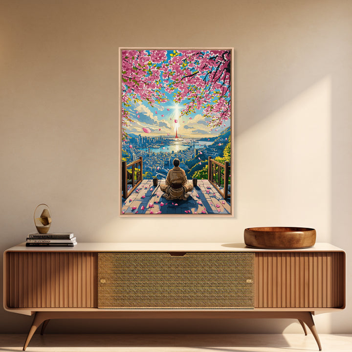 Cherry Blossom City Meditation Canvas Print, Japanese Sakura Landscape Wall Art, Zen Sunrise Decor, Modern Living Room Art