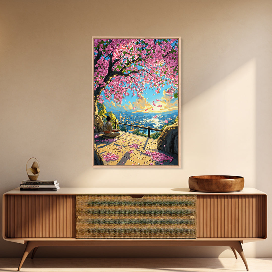 Sakura Terrace Sunset Meditation Wall Art, Japanese City Landscape Print, Cherry Blossom Decor, Zen Bedroom Wall Art, Home Decor Gift