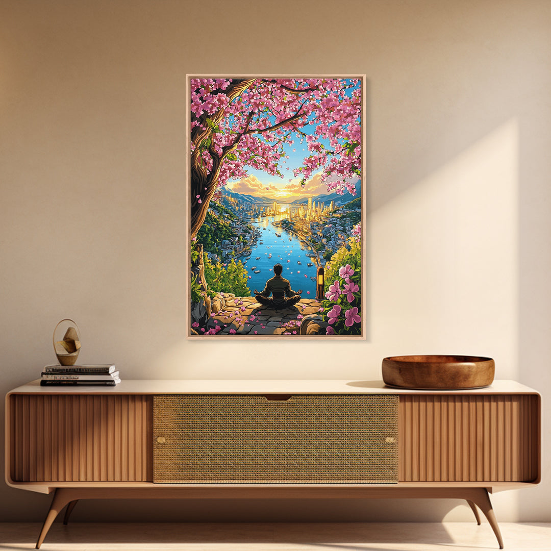 Golden Harbor Sakura Meditation Framed Canvas Print, Japanese Landscape Wall Art, Zen City Decor, Large Living Room Art Print
