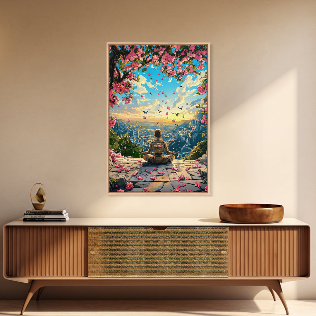 Android Meditation Sakura Valley Wall Art, Futuristic Robot Landscape Print, Cherry Blossom Decor, Japanese Anime Wall Decor
