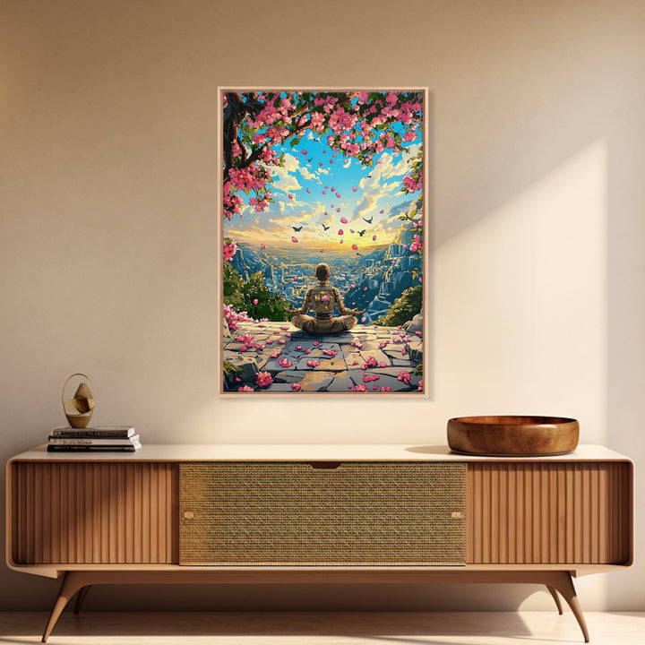 Android Meditation Sakura Valley Wall Art, Futuristic Robot Landscape Print, Cherry Blossom Decor, Japanese Anime Wall Decor