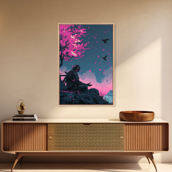 Cyberpunk Warrior Sakura Night Framed Canvas Print, Neon Sci Fi Wall Art, Pink Cherry Blossom Decor, Futuristic Poster, Gift For Him