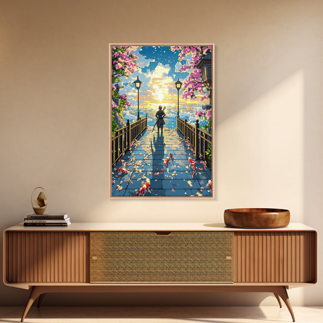 Samurai On Lantern Bridge At Ocean Sunset Wall Art, Japanese Cherry Blossom Koi Print, Anime Landscape Living Room Decor