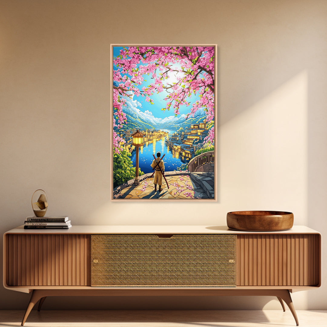 Samurai Over Lake Village With Cherry Blossoms Canvas Print, Japanese Wall Art, Anime Landscape, Travel Inspired Home Decor