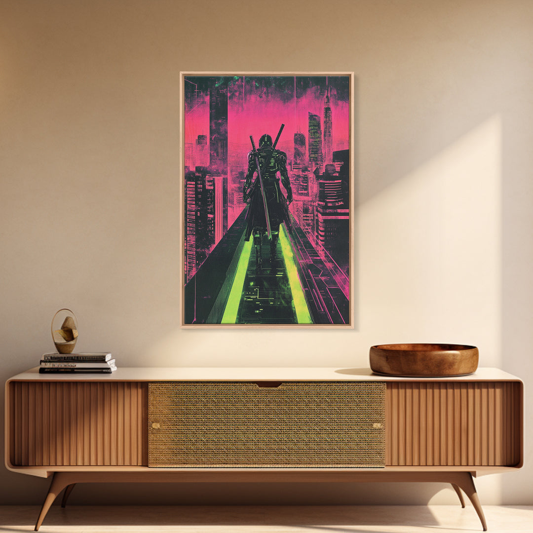 Cyberpunk Samurai On Neon Rooftop Wall Art, Futuristic Cityscape Poster, Pink Green Sci Fi Gaming Room Decor For Him Gift