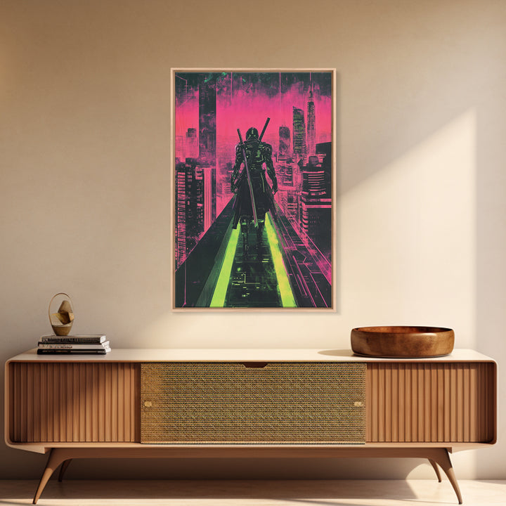 Cyberpunk Samurai On Neon Rooftop Wall Art, Futuristic Cityscape Poster, Pink Green Sci Fi Gaming Room Decor For Him Gift