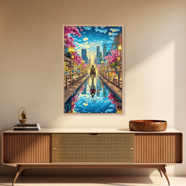 Samurai In Modern City Canal Reflection Canvas Print, Japanese Cherry Blossom Wall Art, Cyberpunk Anime Living Room Decor