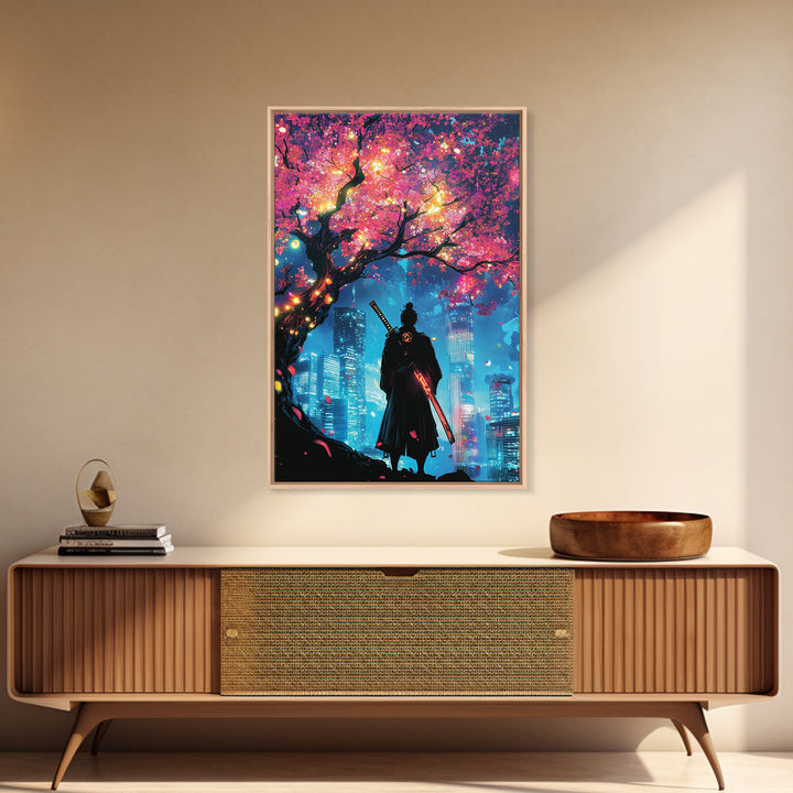 Cyberpunk Samurai Under Glowing Sakura Tree Wall Art, Neon Japanese Cityscape, Moody Anime Poster, Gaming Room Decor Gift For Him