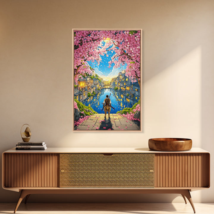 Samurai By Cherry Blossom Canal In Japanese Town Framed Canvas Print, Anime Landscape Wall Art, Cozy Living Room Decor Print