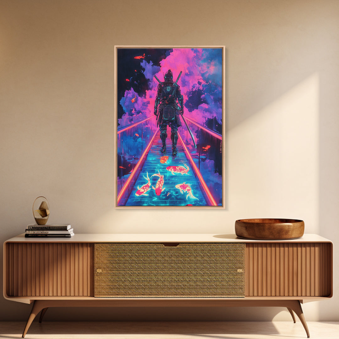 Neon Samurai On Glowing Koi Bridge Framed Canvas Print, Cyberpunk Wall Art, Surreal Japanese Anime Gaming Room Decor Gift