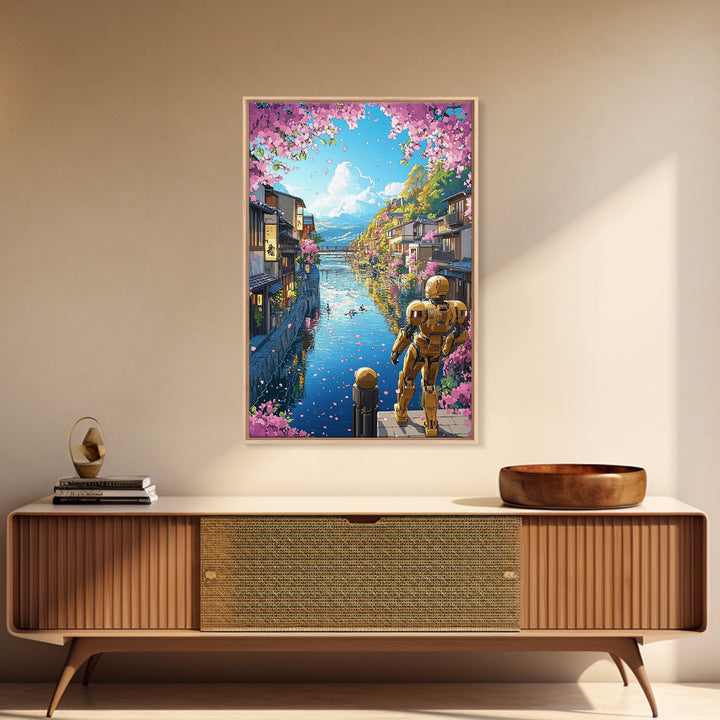 Golden Robot By Sakura Canal Wall Art, Japanese Cityscape Canvas, Futuristic Kyoto Decor, Anime Landscape Print For Living Room Decor