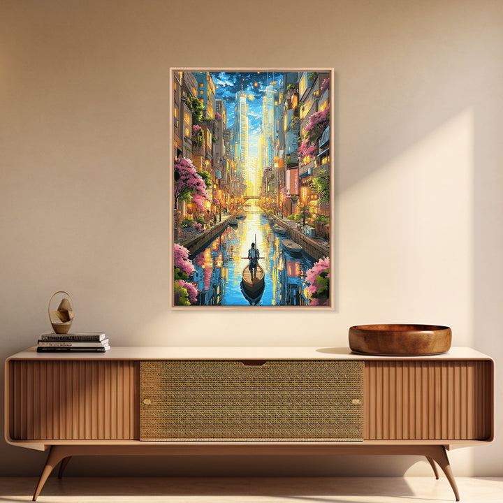 Lone Boat On Glowing Urban Canal Wall Art, Futuristic Cityscape Canvas Print, Sakura Skyline Living Room Decor, Modern Home Decor