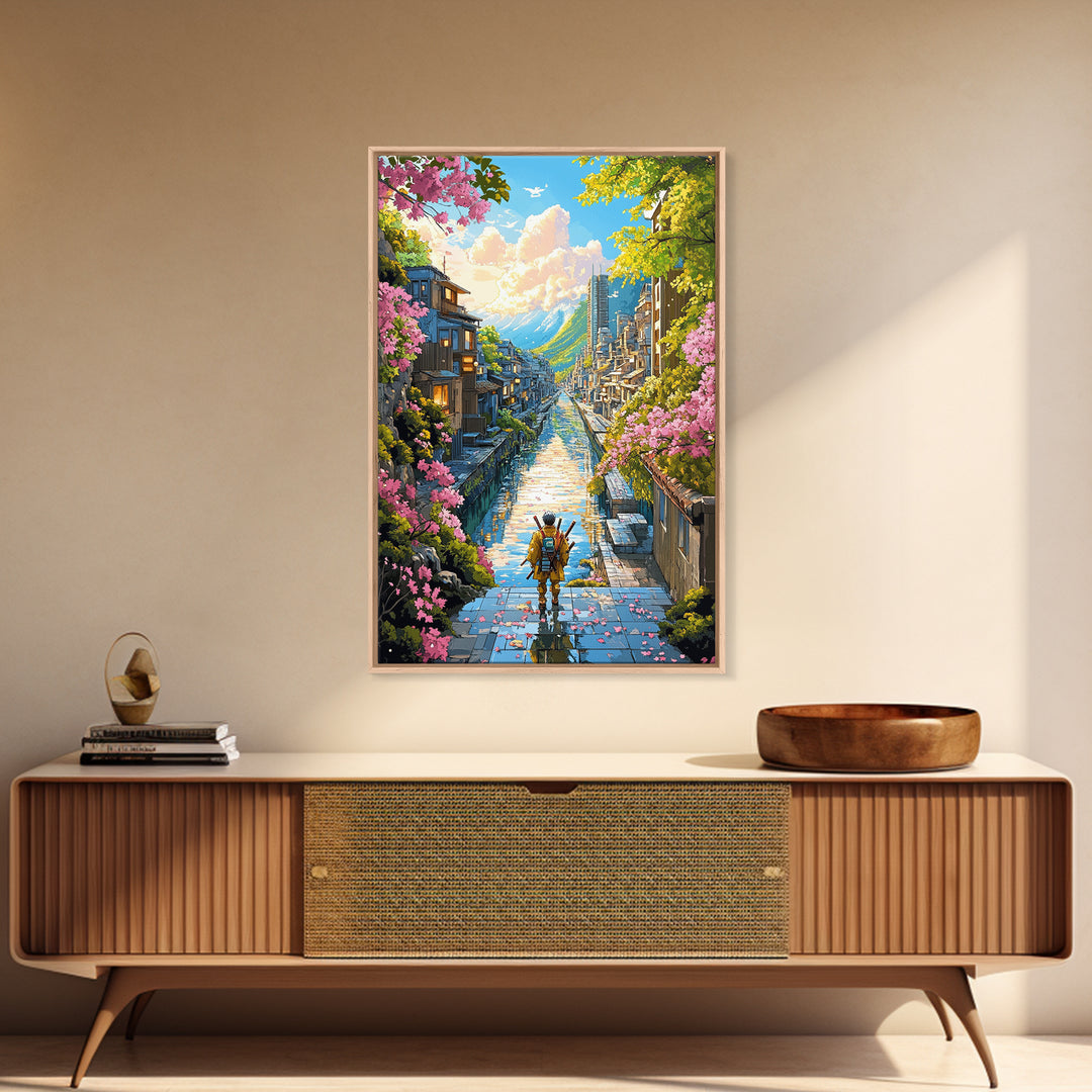 Samurai On Stone Steps Above Canal Framed Canvas Print, Japanese Mountain City Wall Art, Sakura Landscape Home Decor Gift