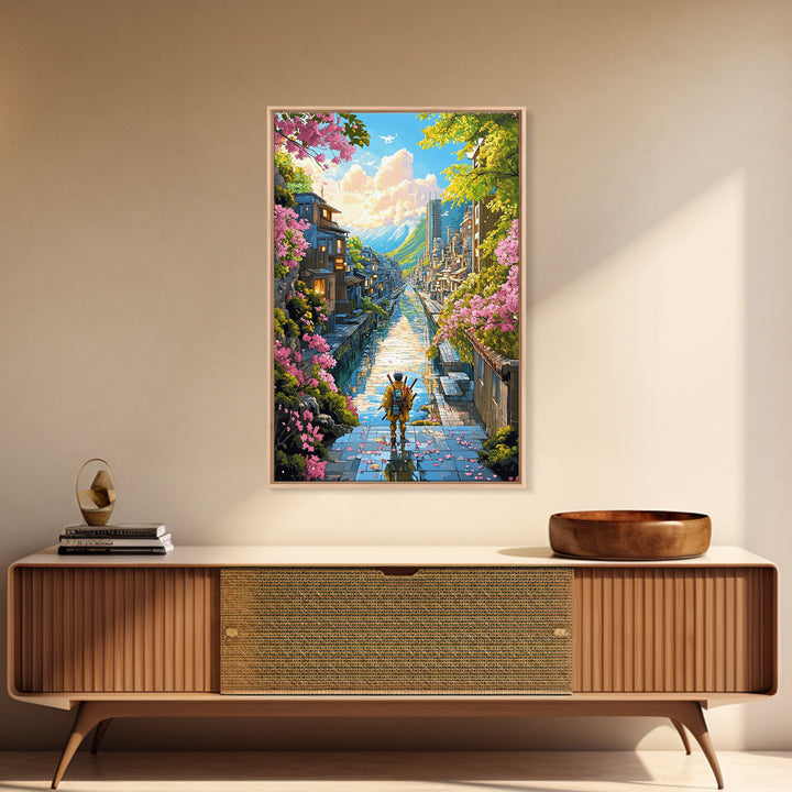 Samurai On Stone Steps Above Canal Framed Canvas Print, Japanese Mountain City Wall Art, Sakura Landscape Home Decor Gift