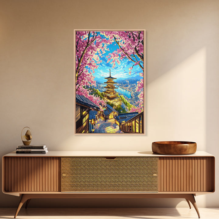 Golden Pagoda Above Blue Harbor Wall Art, Cherry Blossom Japanese Landscape Canvas Print, Kyoto Travel Home Decor Gift For Her