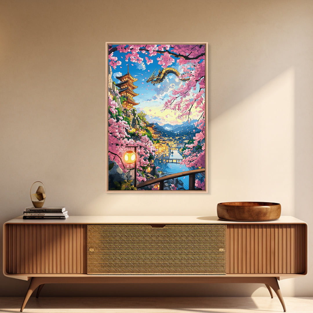 Flying Dragon Above Sakura Pagoda Framed Canvas Print, Japanese Fantasy Landscape Wall Art, Pink Cherry Blossom Decor Print