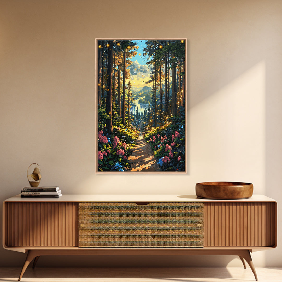 Enchanted Forest Path With Fireflies Wall Art, Mountain Lake Canvas Print, Whimsical Nature Landscape Home Decor Gift For Her