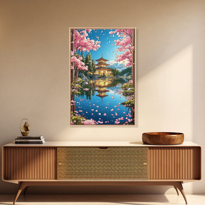 Cherry Blossom Pagoda Lake Reflection Wall Art, Japanese Landscape Canvas, Sakura Temple Decor, Serene Asian Home Decor Print