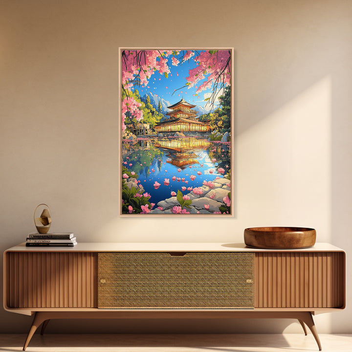 Golden Sakura Temple Reflection Canvas Print, Japanese Garden Wall Decor, Cherry Blossom Lake Art For Serene Home Decor Gift