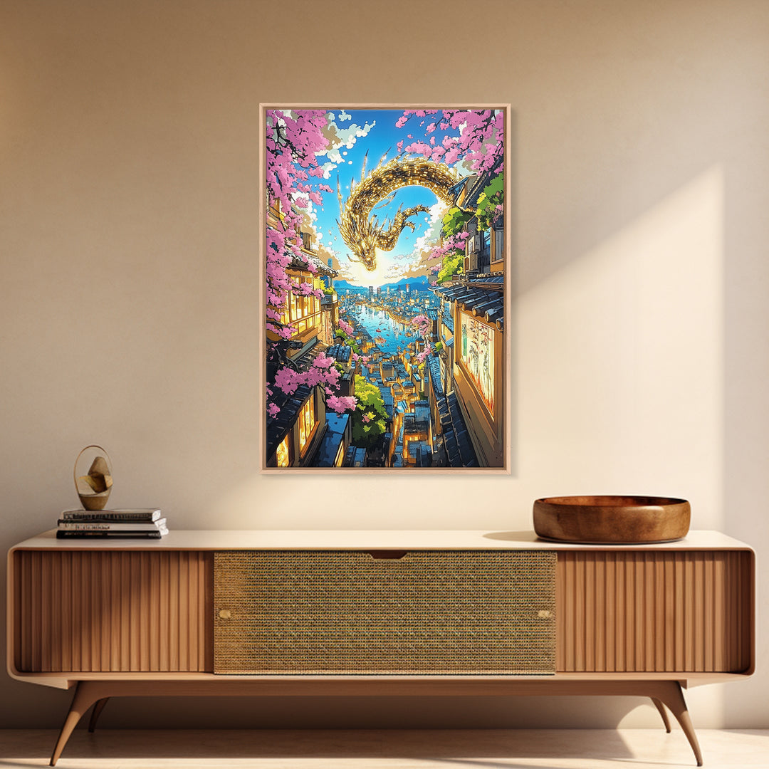 Golden Dragon Over Sakura Harbor Wall Art, Fantasy Japanese Cityscape Print, Cherry Blossom Decor For Asian Home Decor Gift