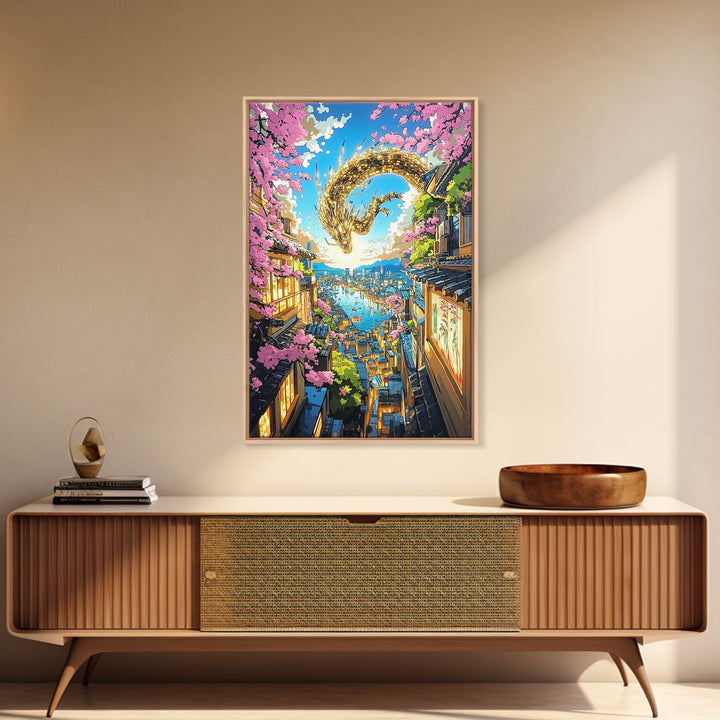 Golden Dragon Over Sakura Harbor Wall Art, Fantasy Japanese Cityscape Print, Cherry Blossom Decor For Asian Home Decor Gift