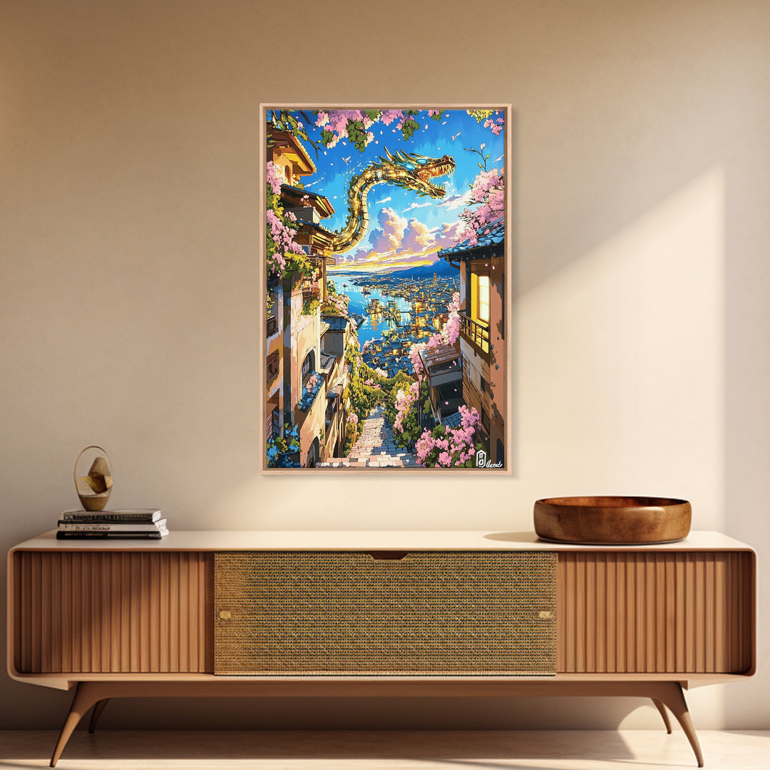 Serpentine Dragon Above Coastal Village Canvas Print, Japanese Fantasy Wall Decor, Sakura Sunset Art For Bold Home Decor
