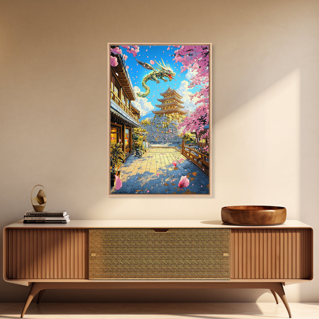 Golden Dragon Over Sakura Pagoda Framed Canvas Print, Japanese Fantasy Wall Art, Cherry Blossom Temple Decor For Living Room