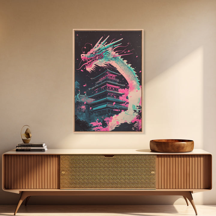 Neon Dragon Rising Over Midnight Pagoda Canvas Print, Japanese Cyberpunk Wall Art, Pink Sakura Fantasy Decor For Gaming Room