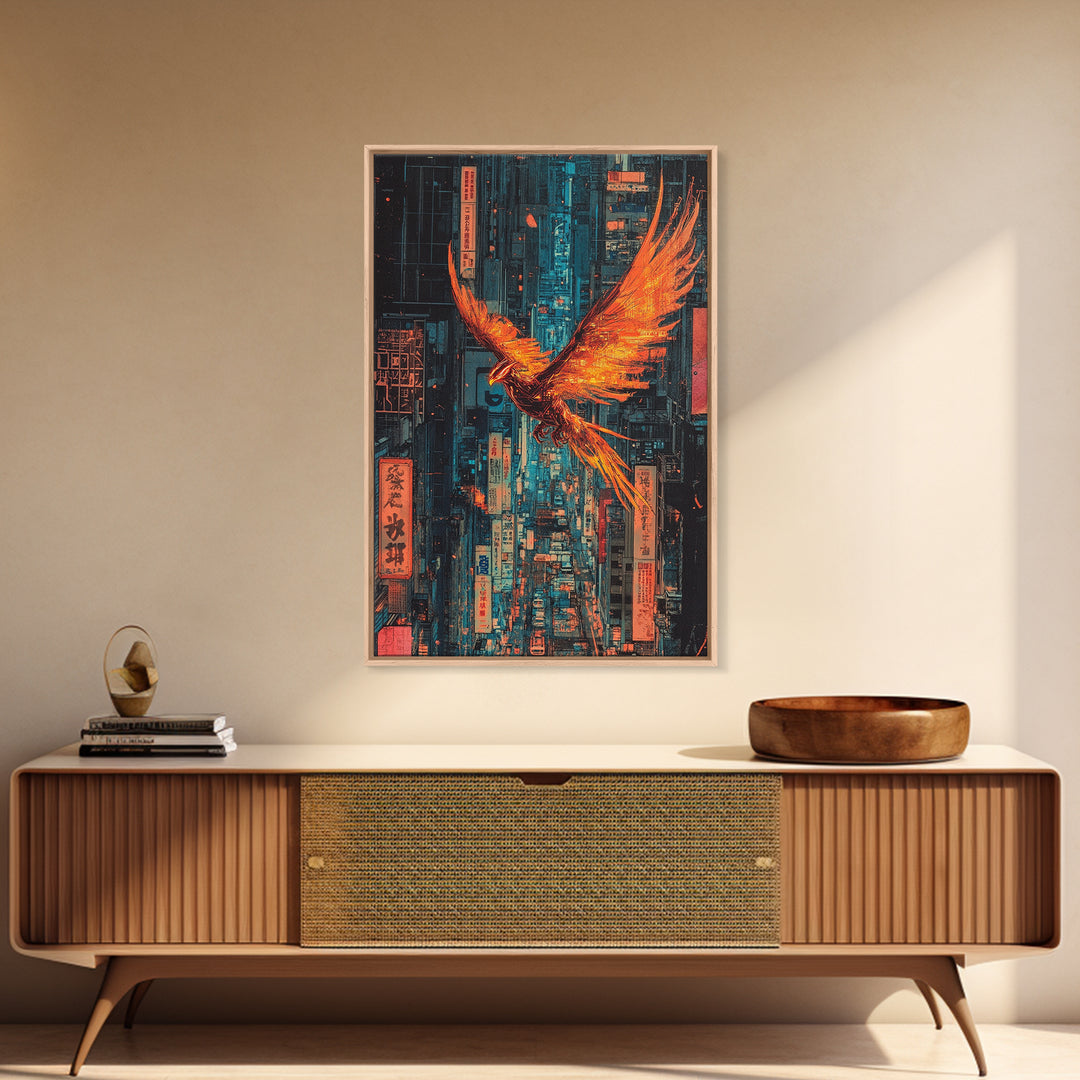 Fiery Phoenix Flying Through Neon Alley Wall Art, Cyberpunk City Canvas, Orange Bird Poster For Modern Office Decor Gift