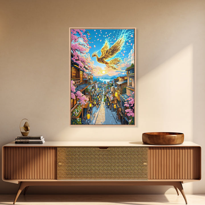 Golden Phoenix Over Sakura Hillside Town Framed Canvas Print, Japanese Fantasy Wall Art, Cherry Blossom Sunrise Decor For Home