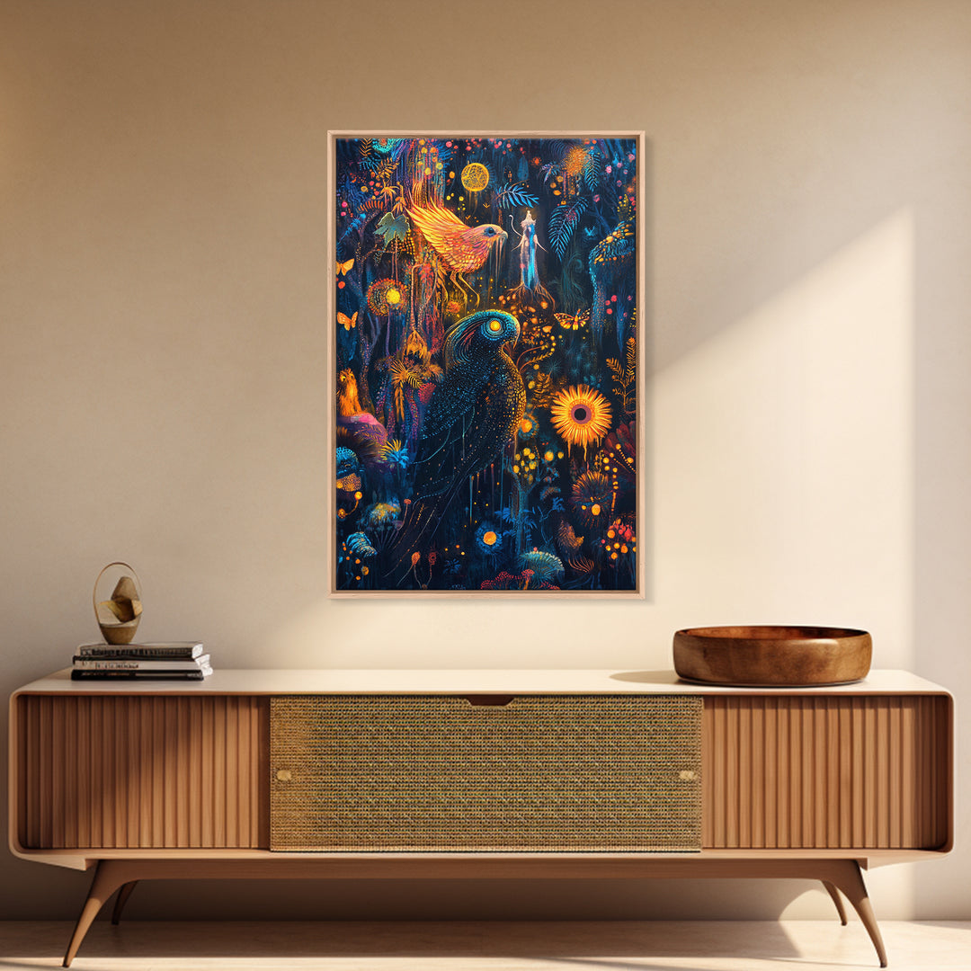Luminous Birds In Enchanted Jungle Wall Art, Whimsical Fantasy Canvas, Celestial Moon Decor For Boho Maximalist Home Decor