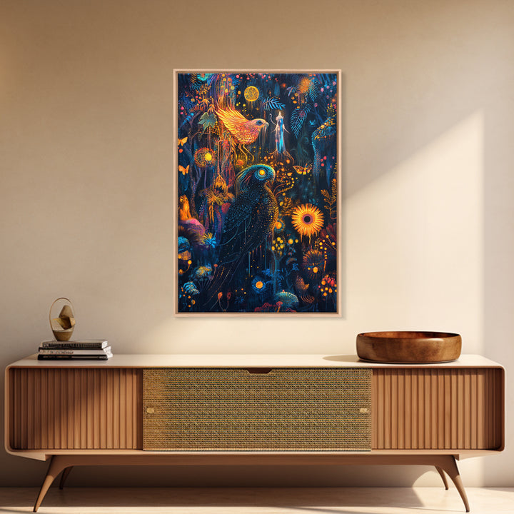 Luminous Birds In Enchanted Jungle Wall Art, Whimsical Fantasy Canvas, Celestial Moon Decor For Boho Maximalist Home Decor