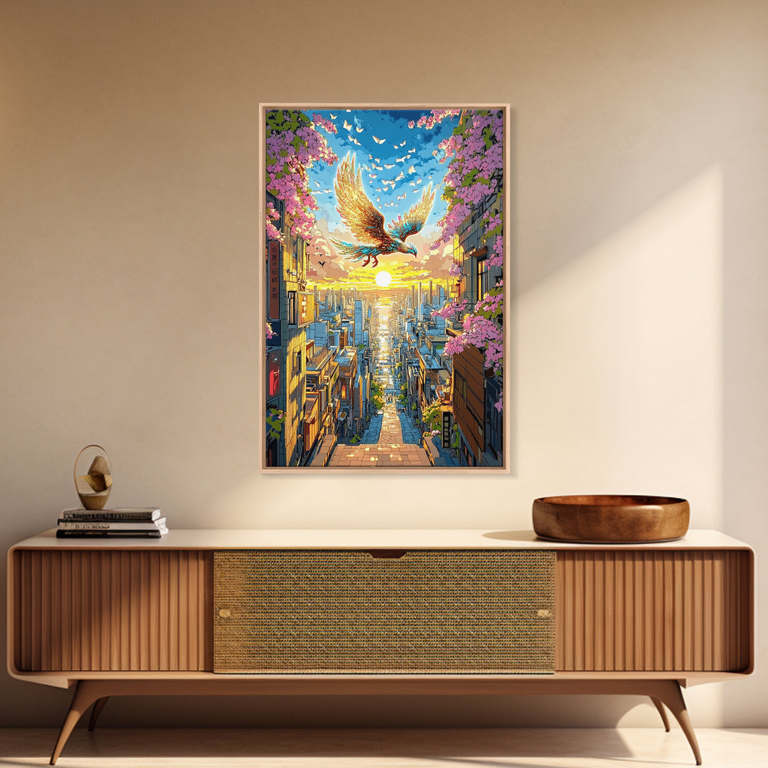 Golden Phoenix Over Sakura City Wall Art, Japanese Fantasy Art Print, Colorful Wall Art, Living Room Wall Decor, Housewarming Gift