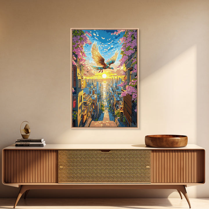 Golden Phoenix Over Sakura City Wall Art, Japanese Fantasy Art Print, Colorful Wall Art, Living Room Wall Decor, Housewarming Gift