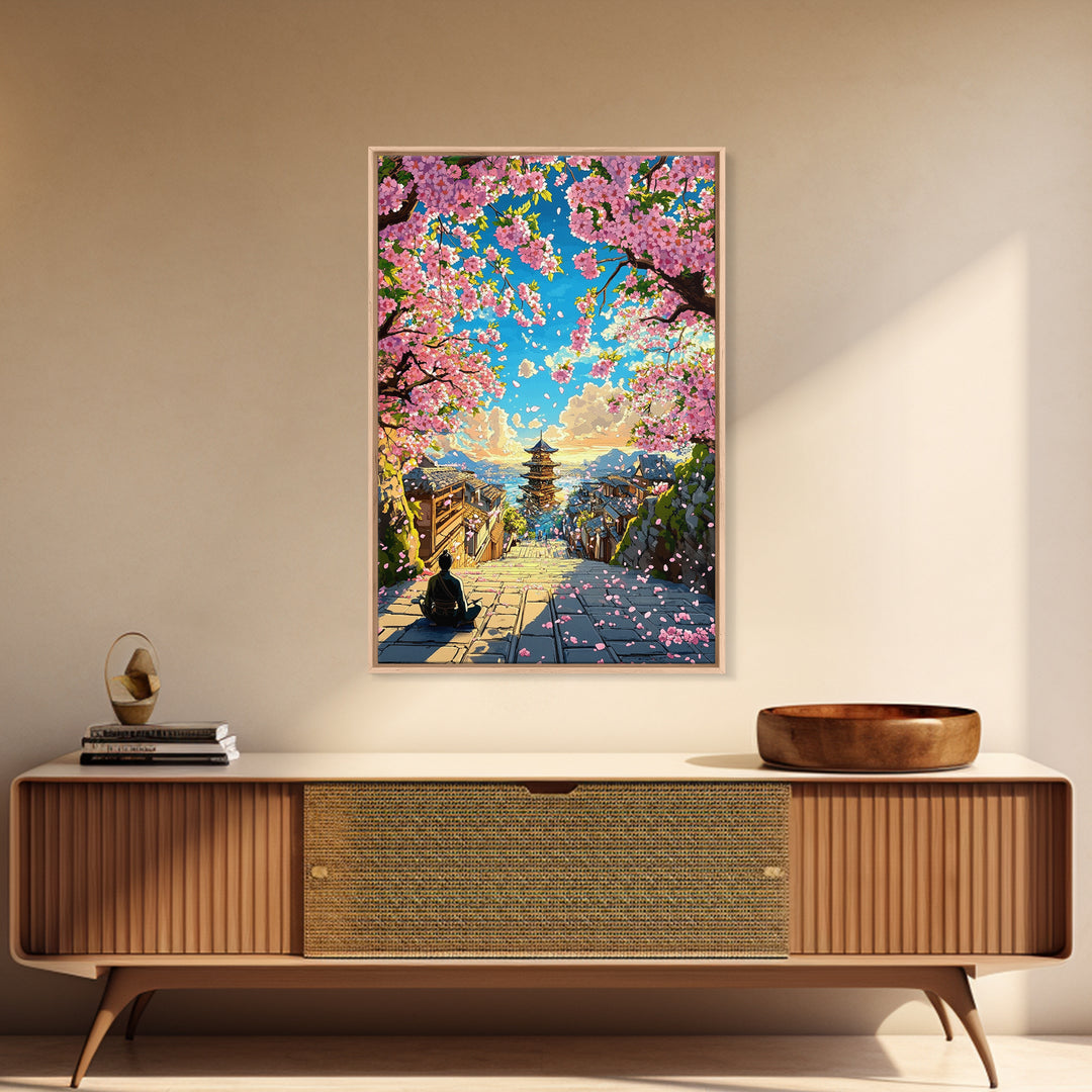 Cherry Blossom Steps To Ocean Pagoda Wall Art, Japanese Landscape Print, Coastal Home Decor, Tranquil Living Room Art, Gift For Her
