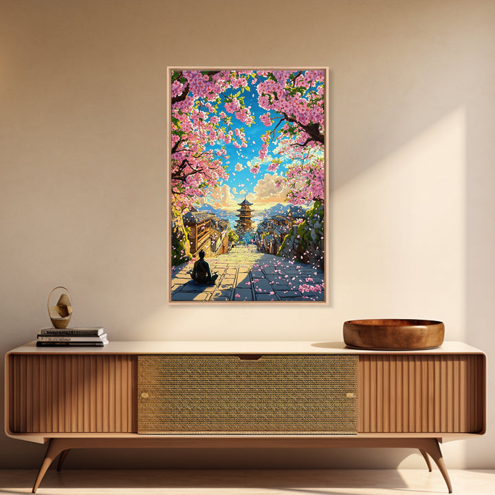 Cherry Blossom Steps To Ocean Pagoda Wall Art, Japanese Landscape Print, Coastal Home Decor, Tranquil Living Room Art, Gift For Her