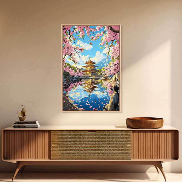 Golden Pagoda Reflected In Sakura Lake Framed Canvas Print, Japanese Wall Art, Mountain Landscape, Serene Zen Decor, Living Room Art