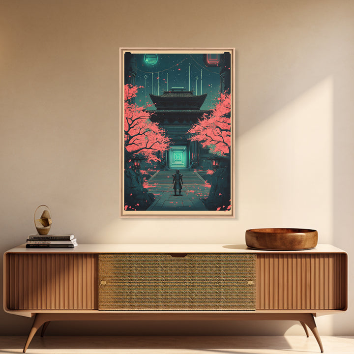 Neon Samurai At Sakura Temple Canvas Print, Cyberpunk Japanese Wall Art, Sci Fi Decor, Gaming Room Wall Decor Gift For Him