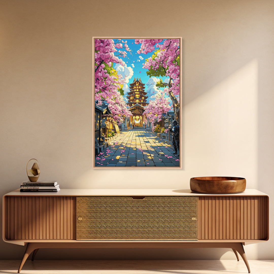 Illuminated Pagoda Under Pink Sakura Wall Art, Japanese Temple Print, Vibrant Spring Decor, Living Room Wall Decor, Gift For Her