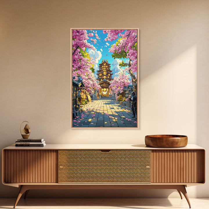 Illuminated Pagoda Under Pink Sakura Wall Art, Japanese Temple Print, Vibrant Spring Decor, Living Room Wall Decor, Gift For Her