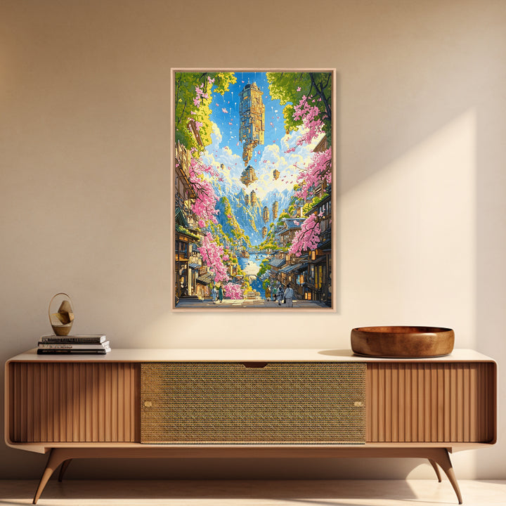 Floating Sky Tower Over Sakura Village Wall Art, Japanese Fantasy Landscape, Surreal Art Print, Statement Living Room Decor