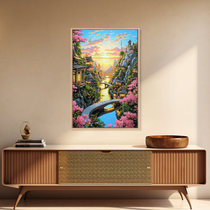 Sunset Canal Village With Sakura Framed Canvas Print, Japanese Landscape Wall Art, Romantic Coastal Home Decor, Gift For Her