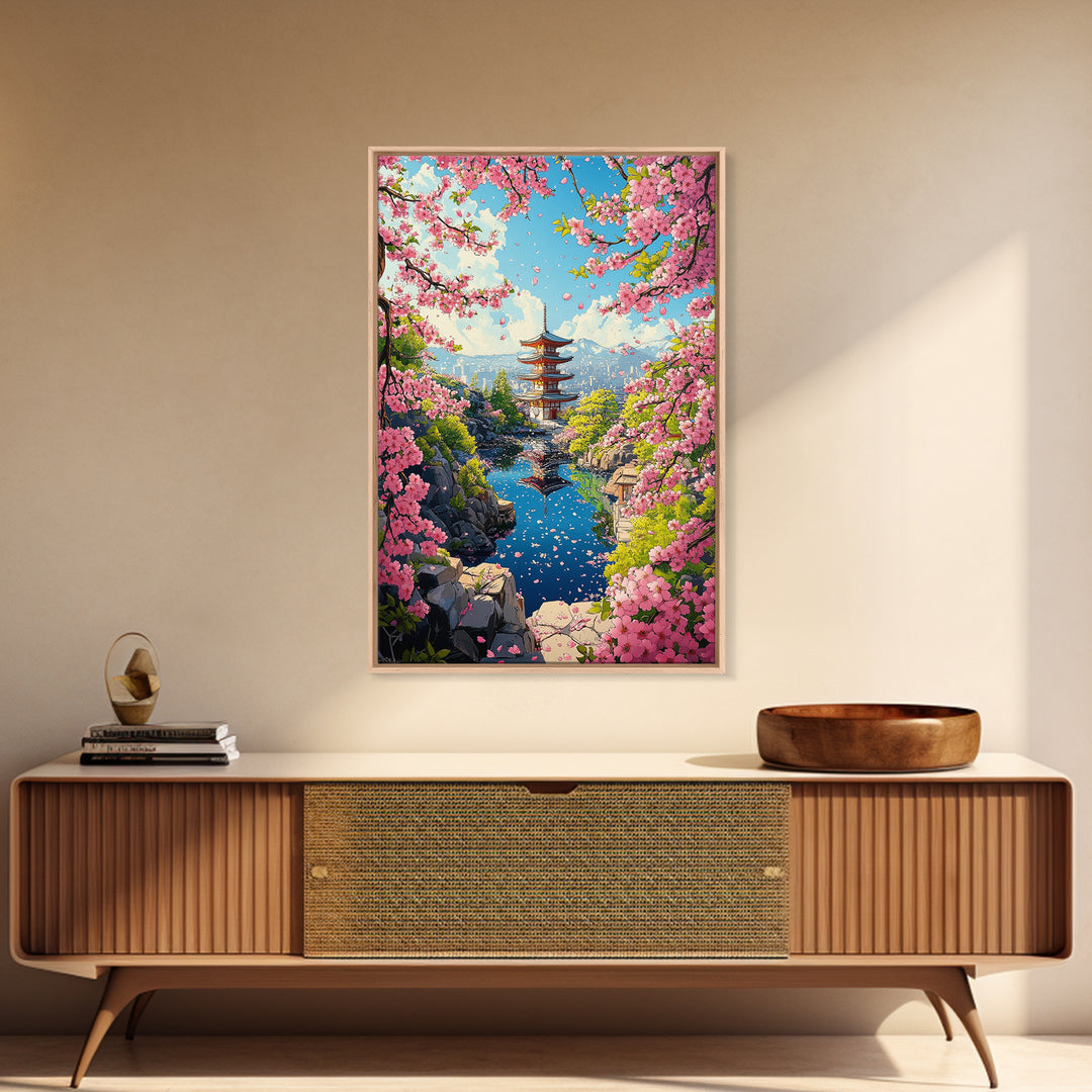 Spring Pagoda With Pink Cherry Blossoms Canvas Print, Japanese Landscape Wall Art, Bright Zen Living Room Decor Gift For Her
