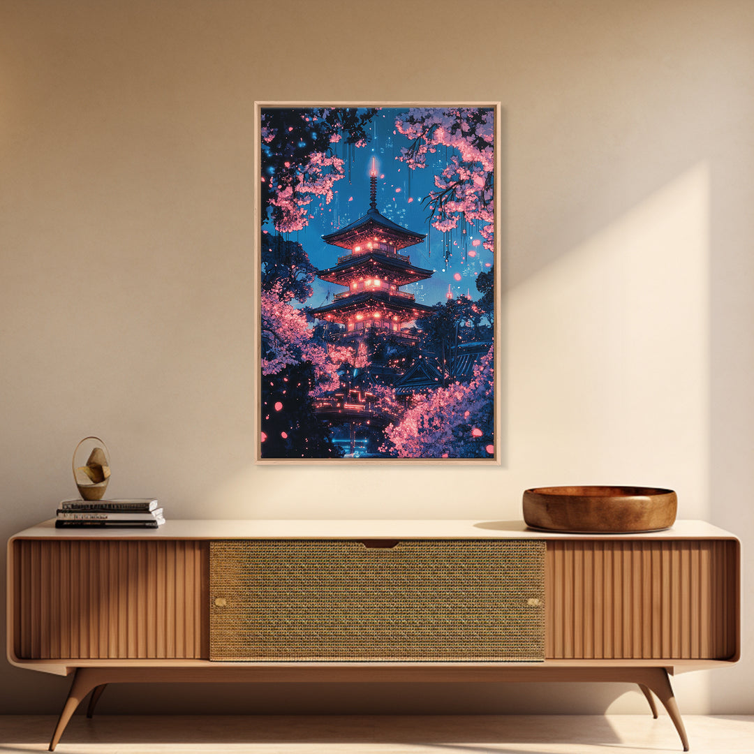 Neon Night Pagoda In Cherry Blossom Rain Framed Canvas Print, Japanese Wall Art, Cyberpunk Cherry Blossom Decor For Modern Living Room