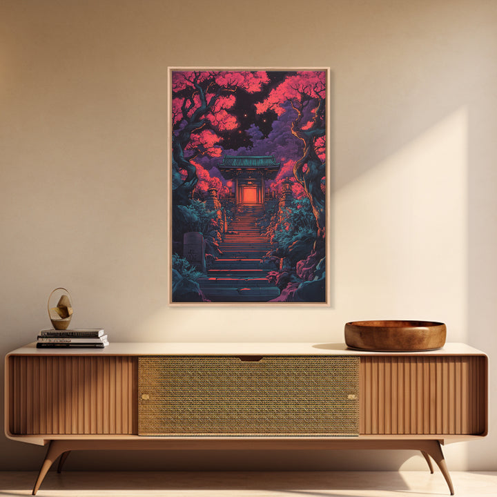 Moonlit Red Maple Shrine Stairway Wall Art, Dark Japanese Garden Print, Moody Gothic Decor For Bedroom And Living Room Gift
