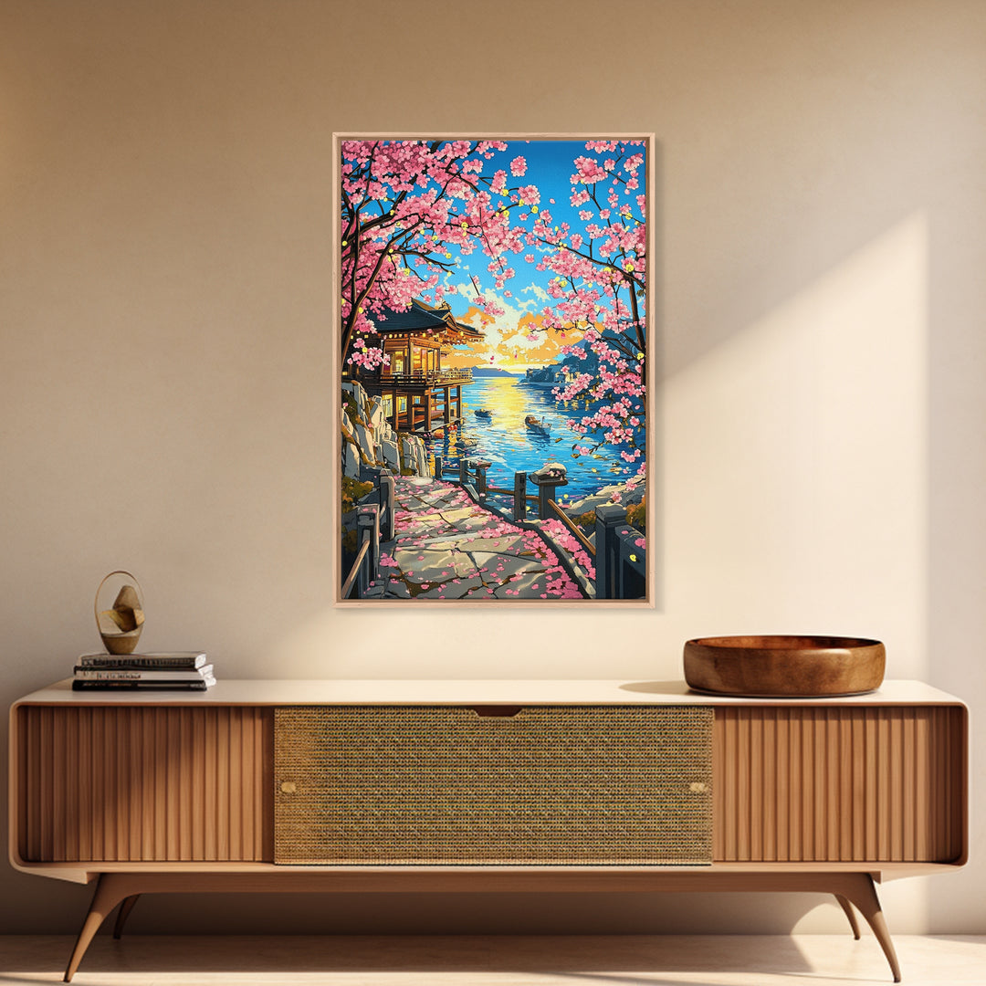 Sunset Seaside Temple With Cherry Blossoms Framed Canvas Print, Japanese Coastal Wall Art, Bright Zen Home Decor Gift For Her